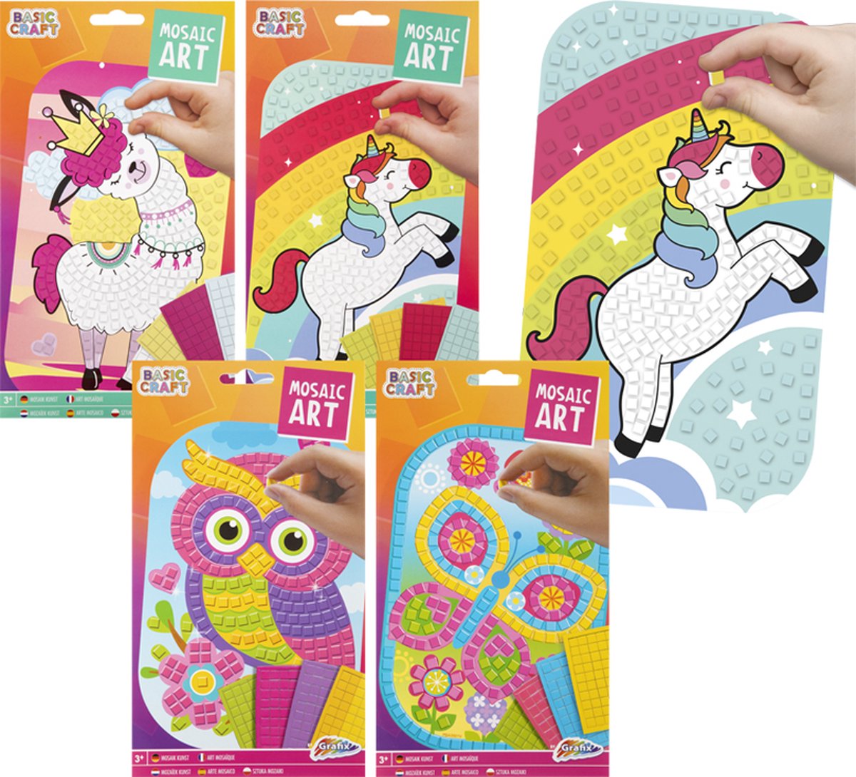 Grafix Mozaïek kunst voor kinderen | 4-in-1 pakket | A5 formaat | Thema Uil - Vlinder - Alpaca - Unicorn | Kunst- & knutselset voor kinderen